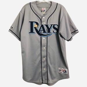 Majestic Jersey Tampa Bay Rays MLB Short Sleeve Athletic Button Down Gray Large
